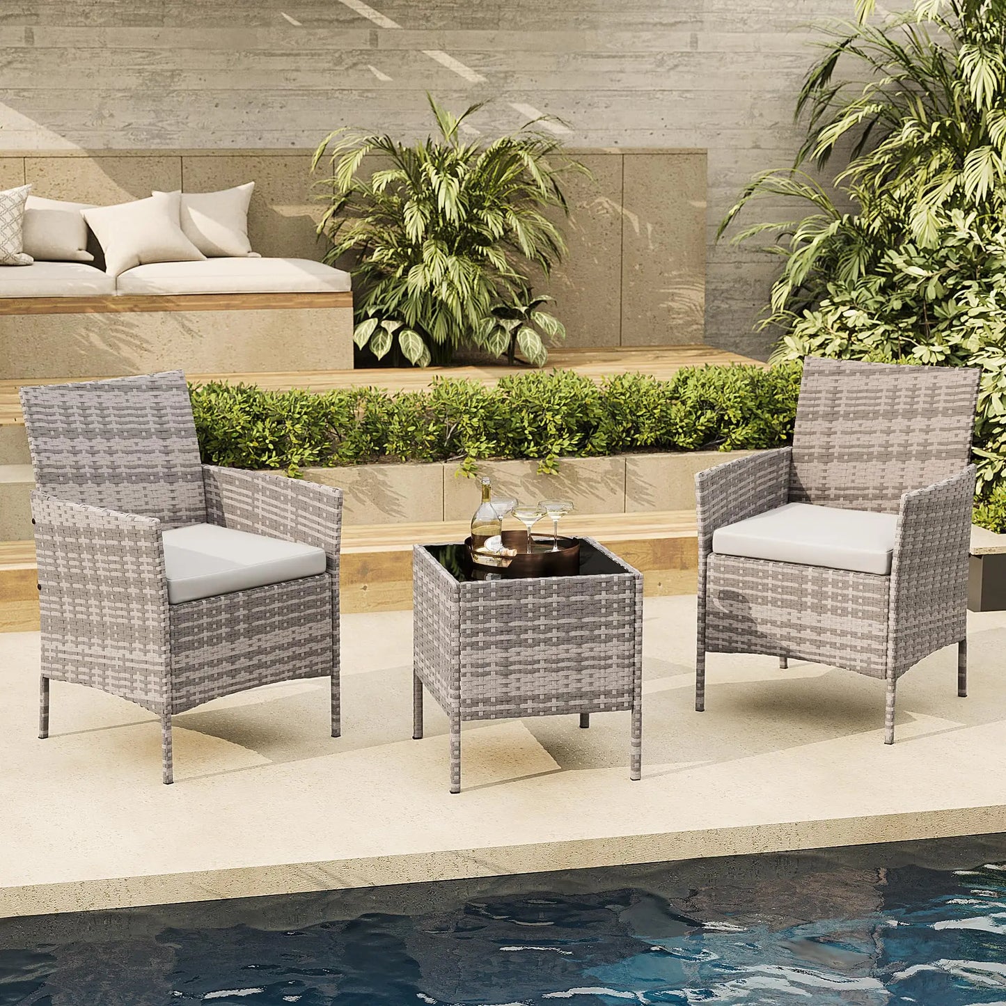 HiMISS Patio Furniture Set Rattan Wicker Chairs With Cushions And Glass Table