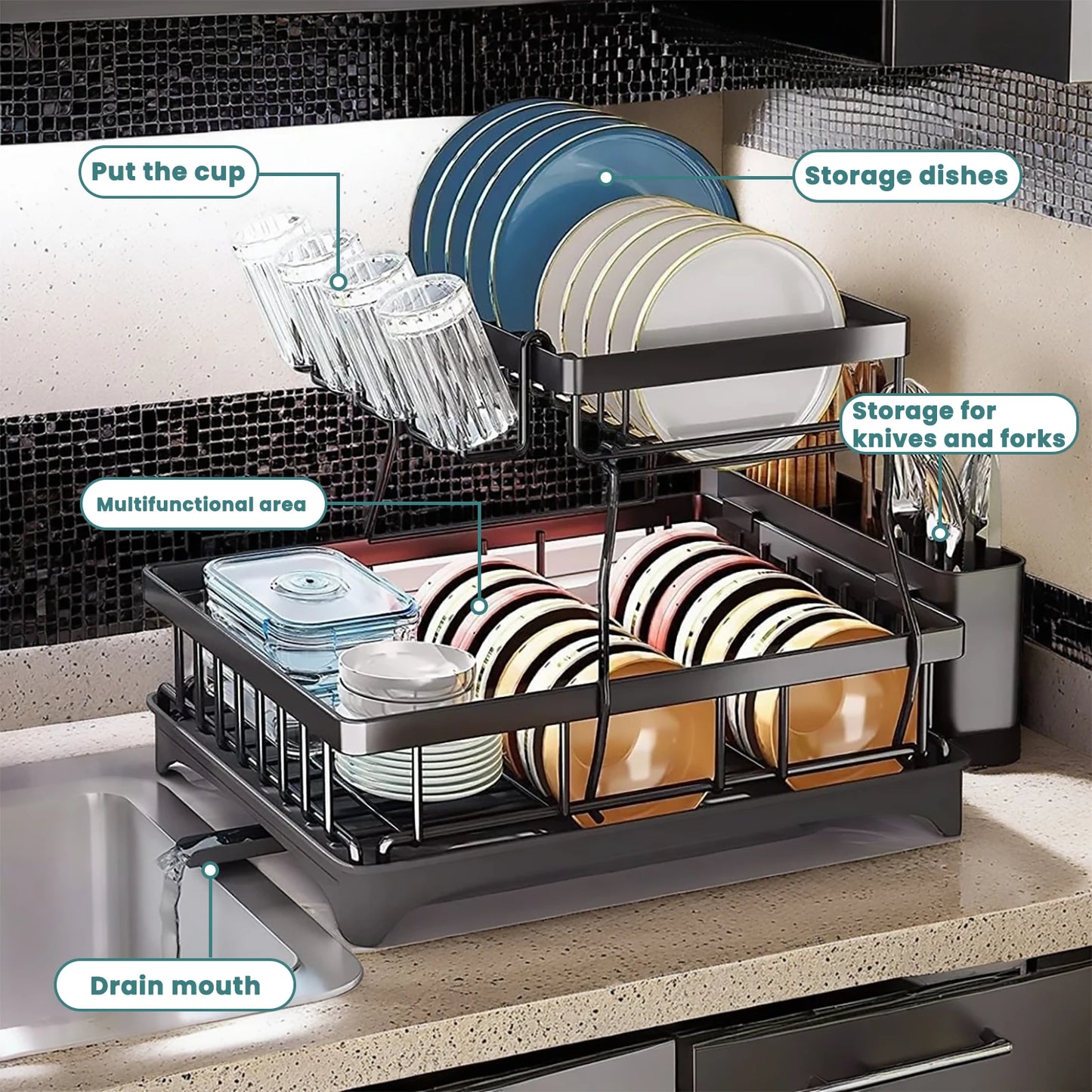 Two Tier Dish Drying Rack for Kitchen Countertops Removable