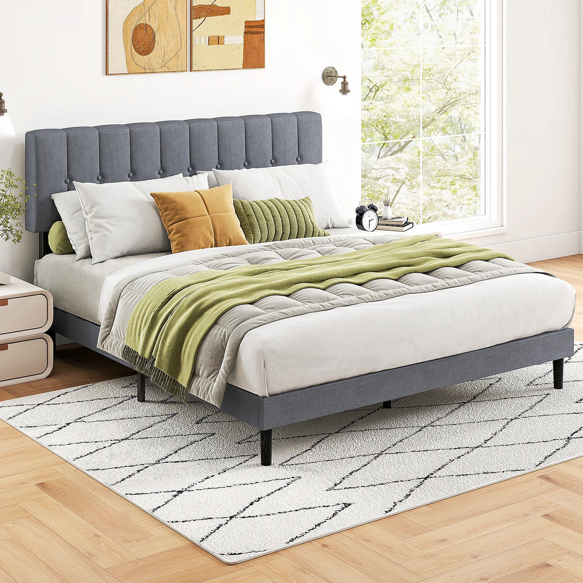 M C Q Upholstered Platform Bed With Adjustable Headboard